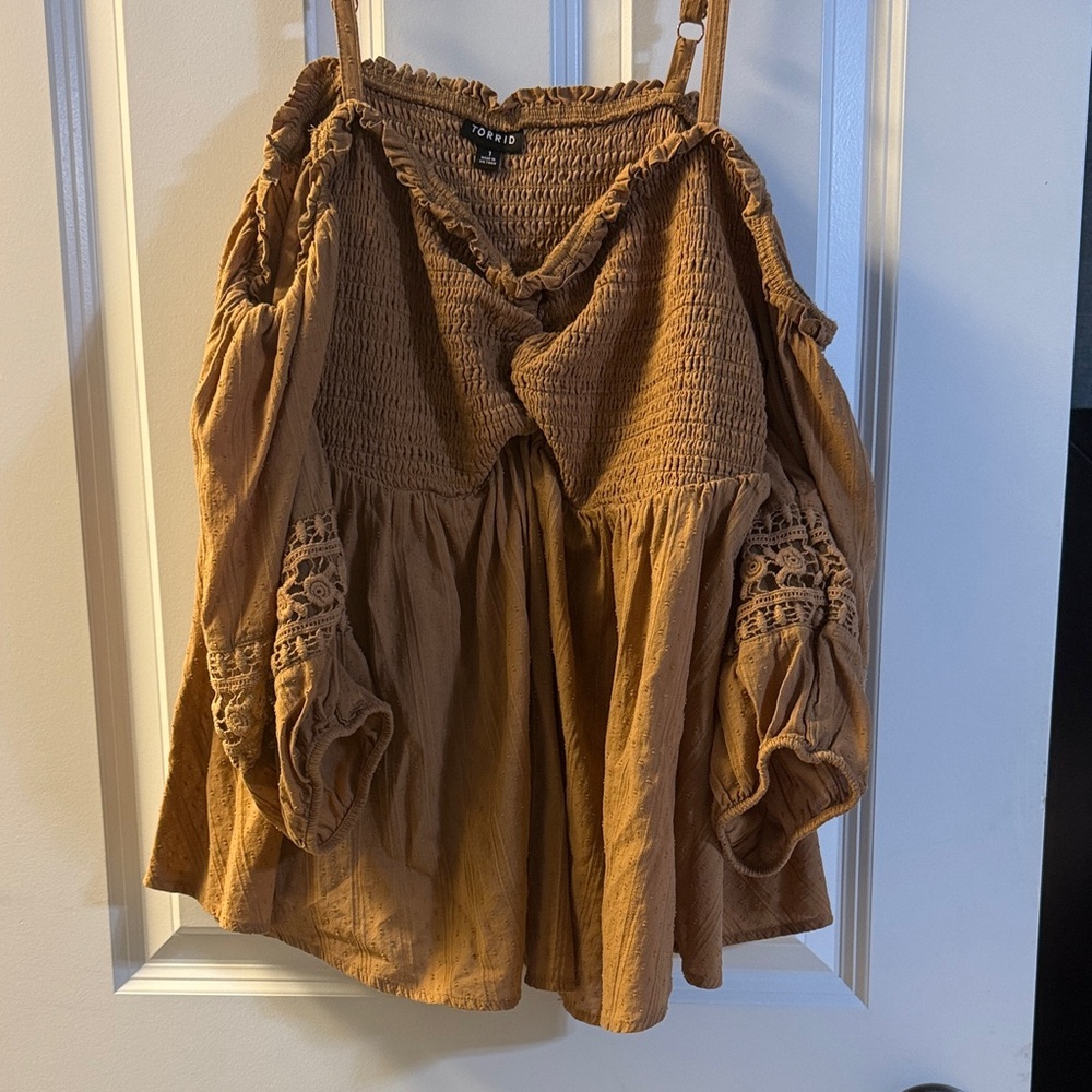 torrid caramel cold-shoulder smocked peasant blouse
